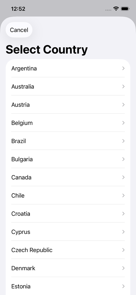 Pet Travel Planner - ペットの入国要件を選択するために使用される、Pet Travel Plannerアプリの国リスト