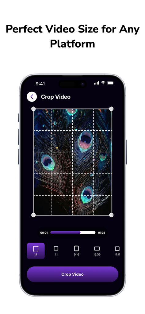 Tela de smartphone mostrando a ferramenta de corte do Kapwing Video Editor com várias predefinições de proporção para plataformas de mídia social.