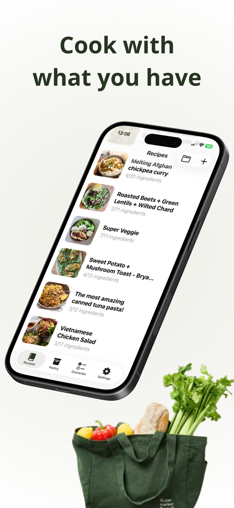 iPhone displaying the Pantry Recipe Manager app interface with a list of recipes suggested based on available pantry ingredients