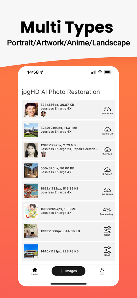 jpgHD AI Photo Restoration - jpgHD app interface showing restoration and enlargement options for portrait, anime, and landscape photos.