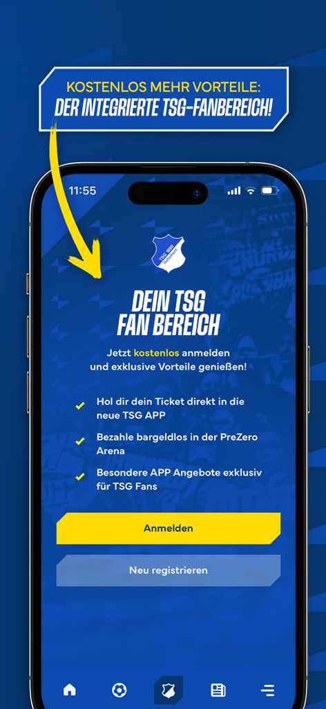 TSG 1899 Hoffenheim - 회원 혜택이 포함된 TSG 1899 호펜하임 앱 팬 영역 로그인 및 등록 화면