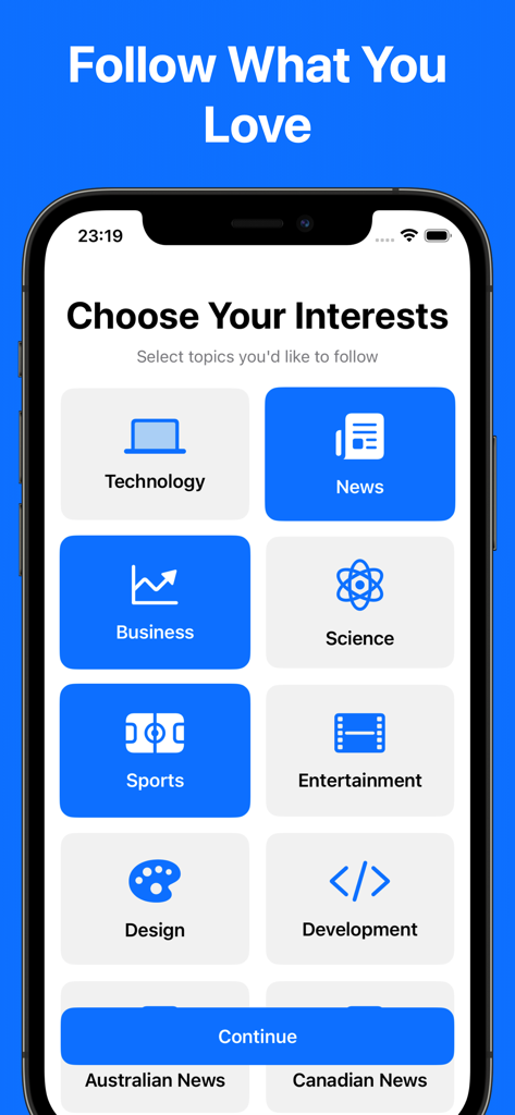 Tela do celular intitulada Escolha Seus Interesses mostrando categorias de notícias como Tecnologia e Negócios