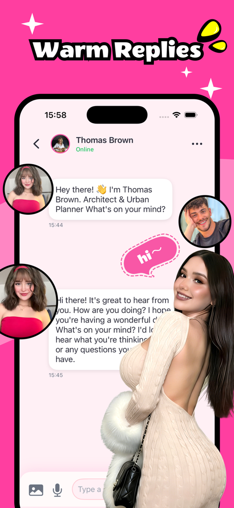 Zylen - Chat - Zylen app interface showing a chat with an AI character named Thomas Brown and the text Warm Replies