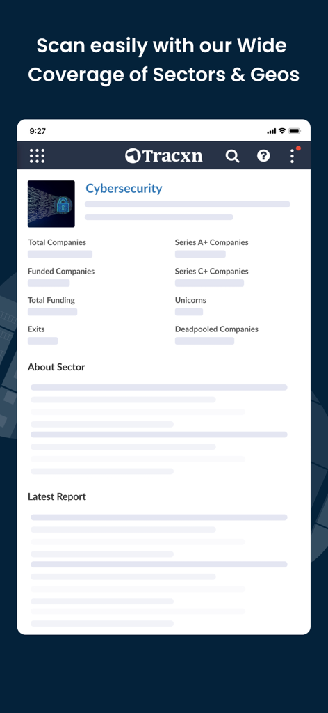 Tracxn - Tracxn app screenshot showing cybersecurity sector overview with statistics on funded companies unicorns and total funding
