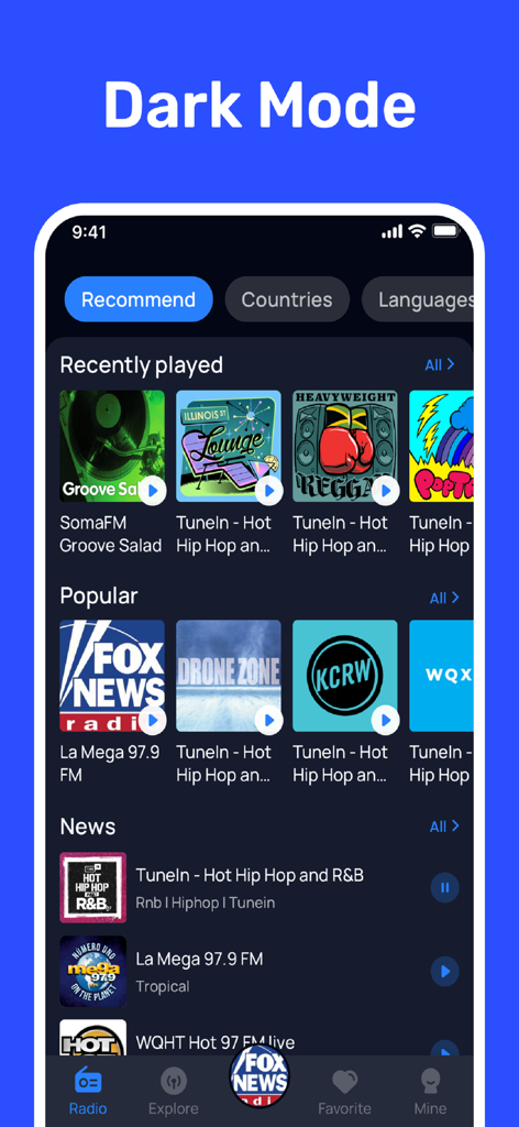 FM Radio - Local Radio - Screenshot of the FM Radio app interface in dark mode featuring popular and recently played radio stations.