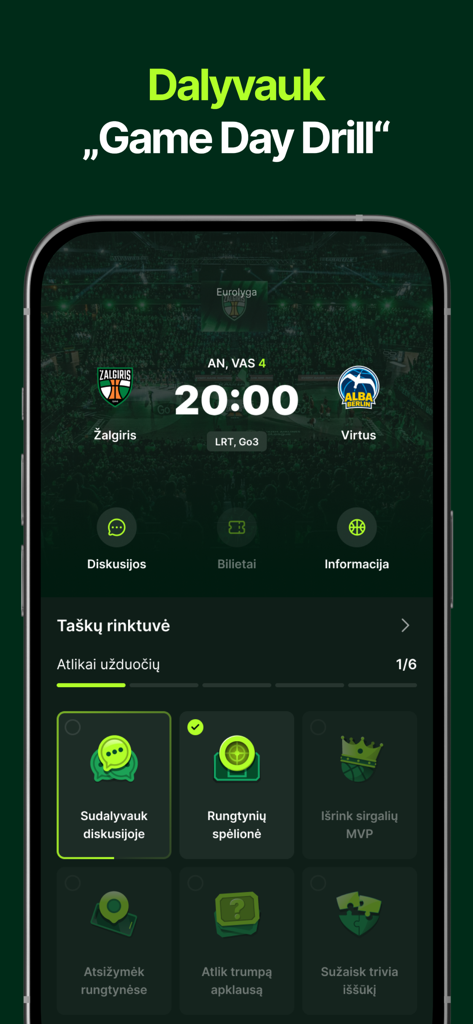 Žalgiris - The Zalgiris app interface displaying Game Day Drills and live match information for Kauno Zalgiris basketball fans.