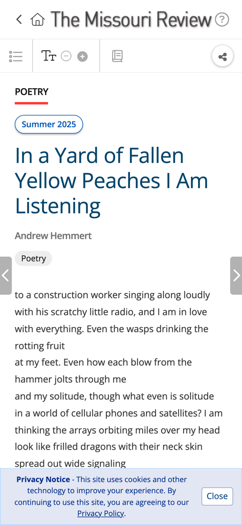 The Missouri Review app interface showing a poem titled In a Yard of Fallen Yellow Peaches I Am Listening