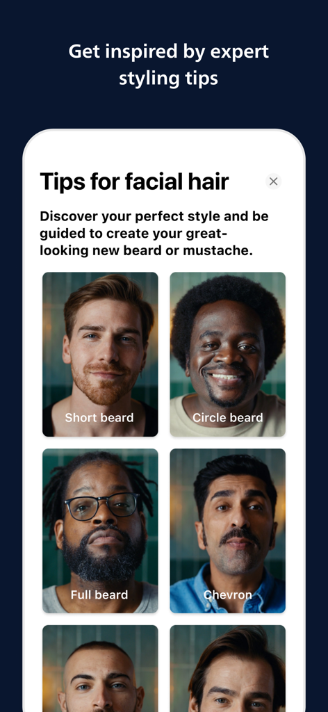 GroomTribe app interface showing various facial hair styles including short beard circle beard and full beard for men