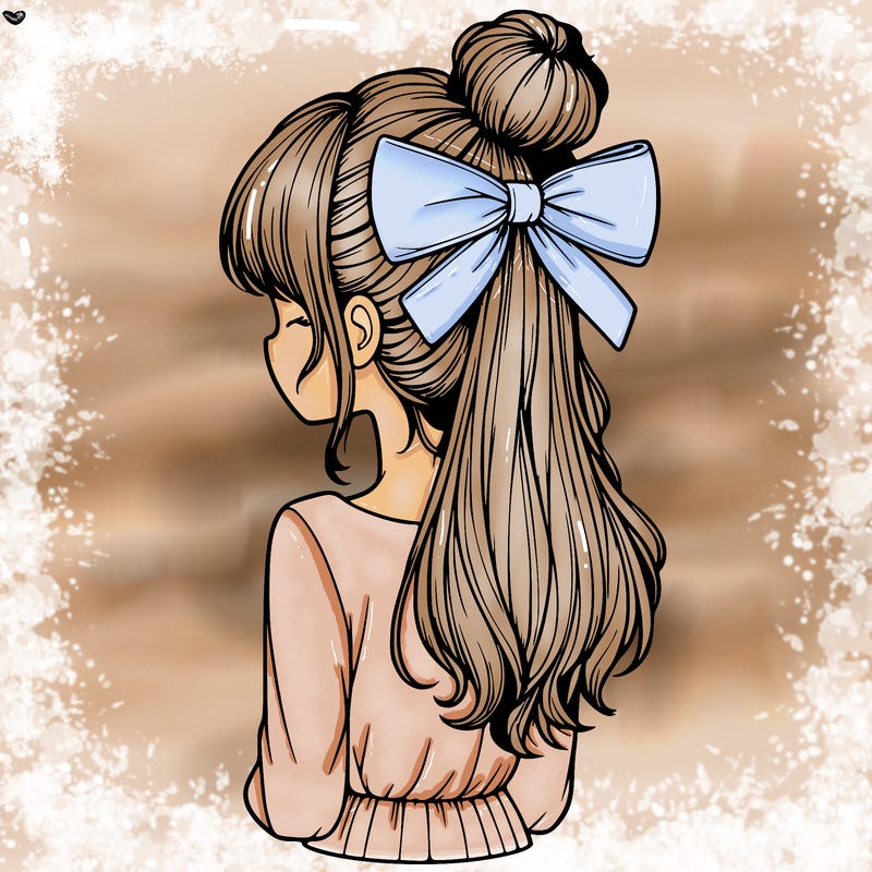 realistic girl  with hip length hair a bun and a big bow on the back of head