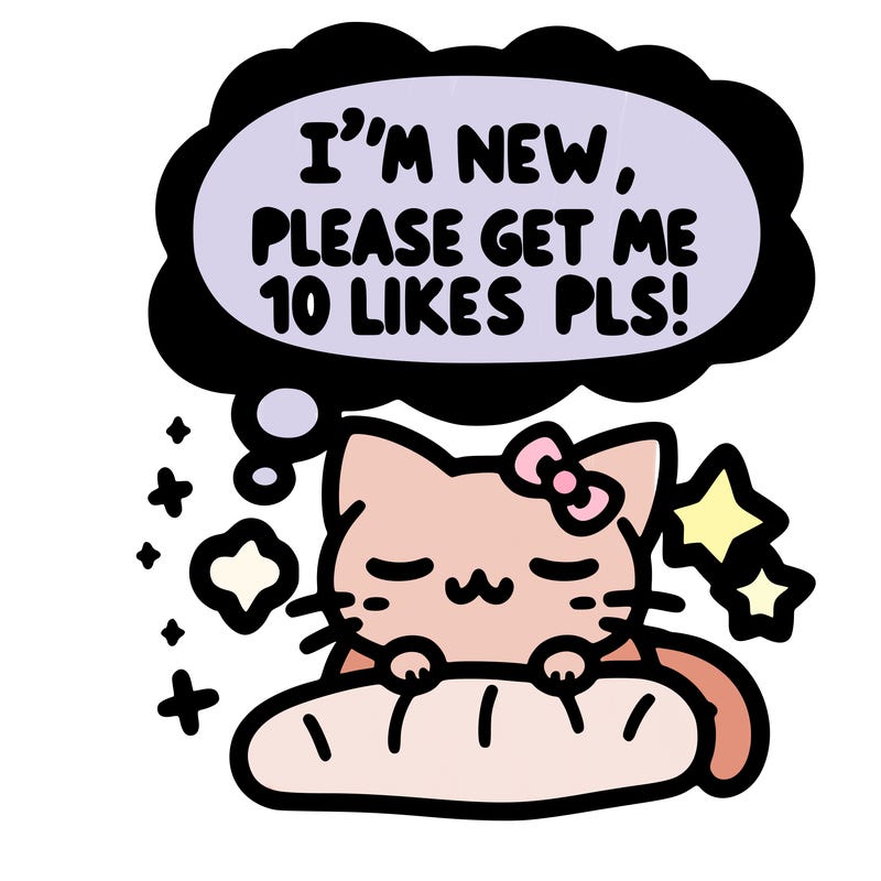 kitty taking a nap dream talking and saying "i'm new, please get me at least 10 likes pls!!"