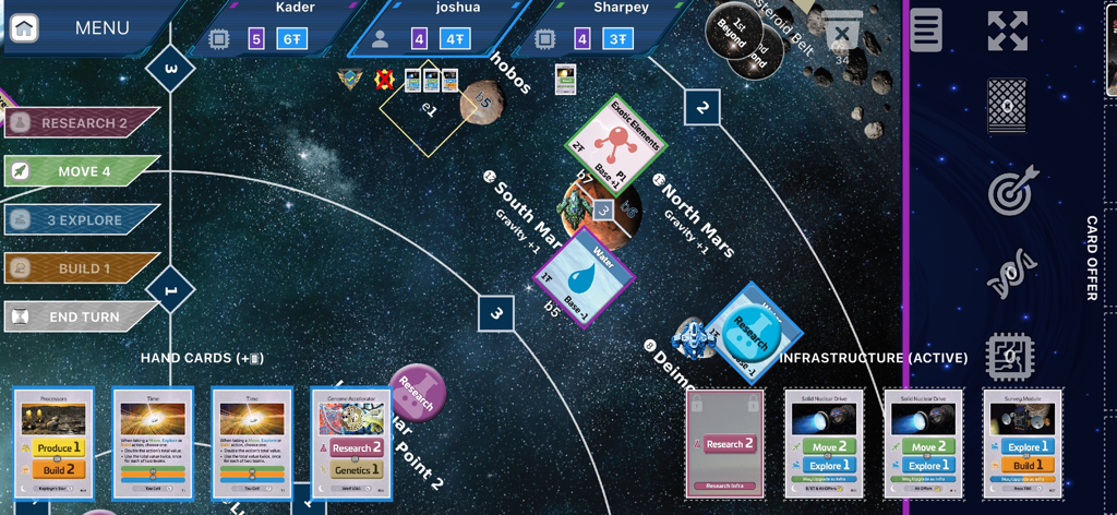 SpaceCorp - SpaceCorpのゲームプレイ画面、カード管理と火星のマップを備えたデジタルボードゲームインターフェースを表示