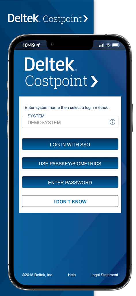 Deltek Costpoint - Login screen of the Deltek Costpoint mobile app with options for SSO and biometric authentication