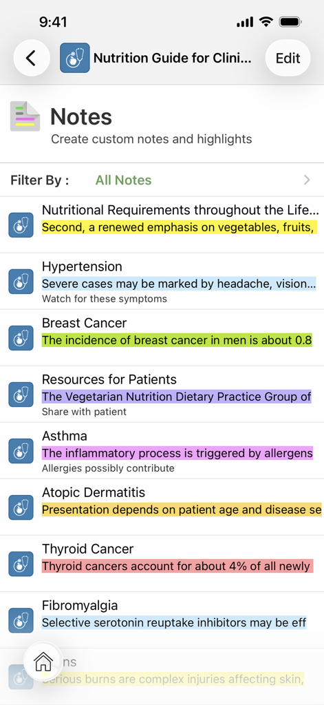 PCRM's Nutrition Guide - Screenshot of the Notes and highlights feature in PCRM's Nutrition Guide app showing medical topics and highlighted clinical information.