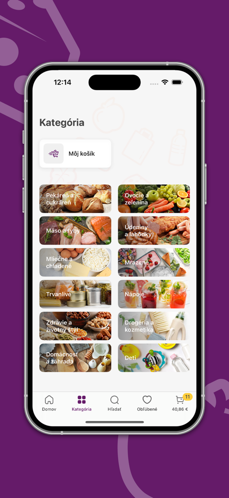 Košík.sk - Kosik.sk mobile app interface showing various grocery categories with colorful thumbnail images.