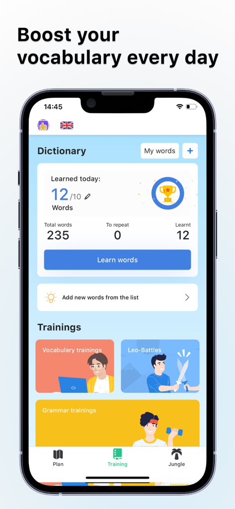 Lingualeo app interface showing daily vocabulary progress and interactive training options