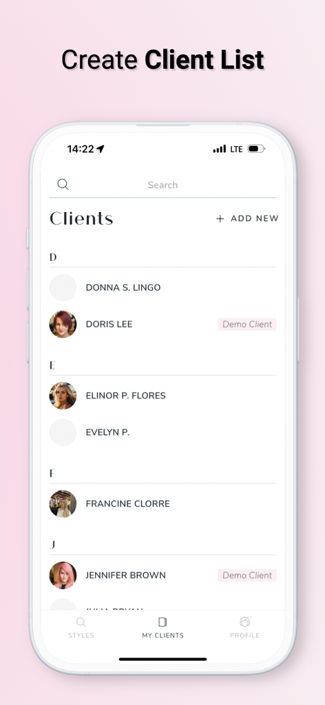 Charm: Save Formulas & Clients - A mobile app interface displaying a professionally organized client list for salon professionals with names and profile photos