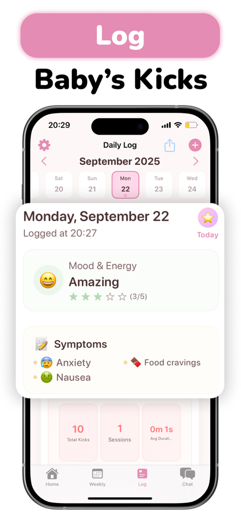 Track Pregnancy: Baby Tracker - Pantalla de smartphone que muestra el contador de patadas del bebé y el registro de síntomas diarios en la aplicación Track Pregnancy.