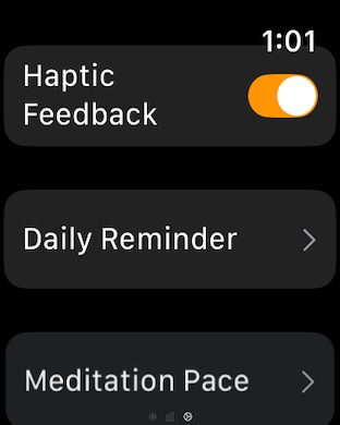 Daily Om Practice : ChantFlow - Settings screen of the ChantFlow app on Apple Watch showing options for haptic feedback and meditation pace