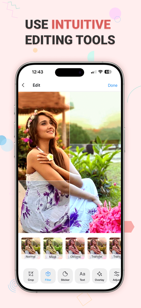 Photo Gallery - Gallery Lock - Interfaz de aplicación móvil que muestra herramientas de edición de fotos con filtros y opciones de recorte para imágenes personales