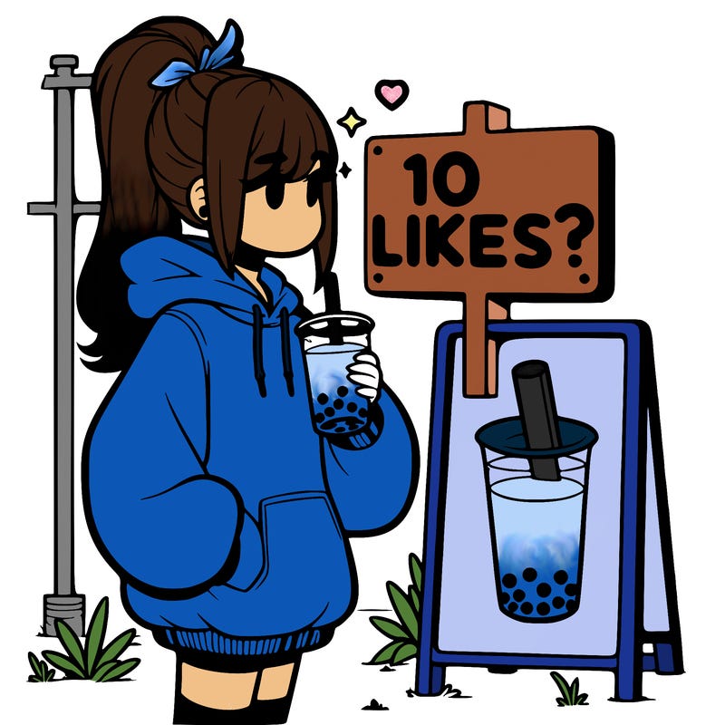 girl with oversized hoodie drinking boba and she has a high ponytail with a sign that says 10likes?