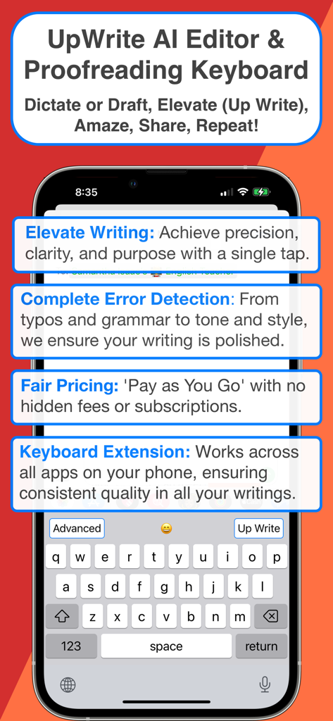 UpWrite: Grammar Check & Fix - UpWrite AI proofreading keyboard showing features like grammar check error detection and pay as you go pricing on a smartphone