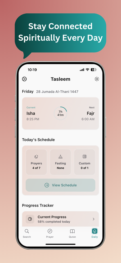 Tasleem app dashboard showing daily prayer times, habit schedule, and spiritual progress tracking.