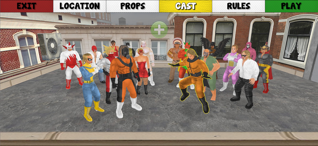 Infinite Lives - Un gran grupo de personajes superhéroes y luchadores en la pantalla de selección de elenco en la azotea de una ciudad.