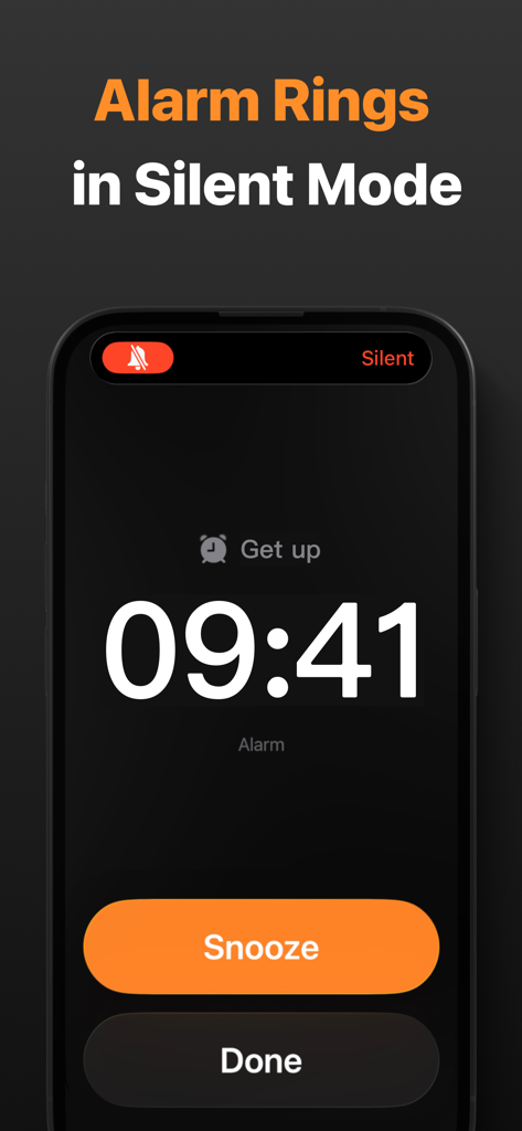 Alarm Clock - 스마트폰 화면에 스누즈 및 완료 버튼이 있는 알람이 울리는 것을 표시하여 무음 모드에서도 작동함을 강조합니다.