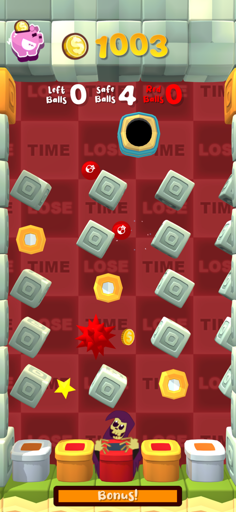 Juego de Money Wall King of Coins mostrando bolas y bloques cayendo con un personaje de parca en la parte inferior