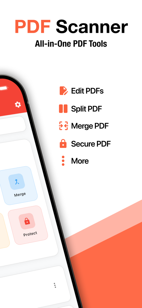 Image to PDF Converter img2pdf - Interface of the PDF Scanner app showing tools to edit, split, merge, and secure PDF documents