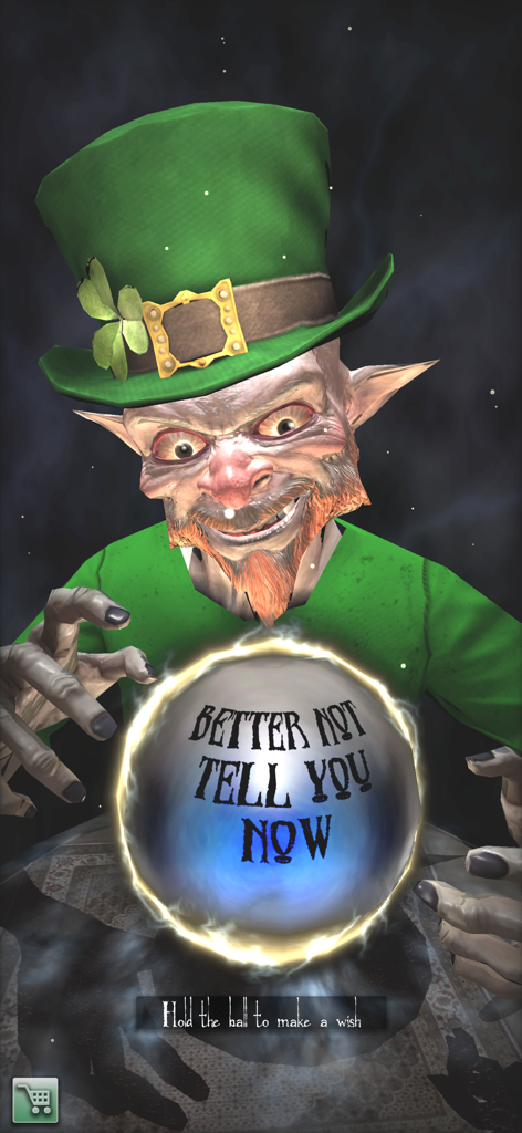The Amazing Fortune Teller 3D - Un adivino leprechaun en 3D con una bola de cristal brillante mostrando una predicción.