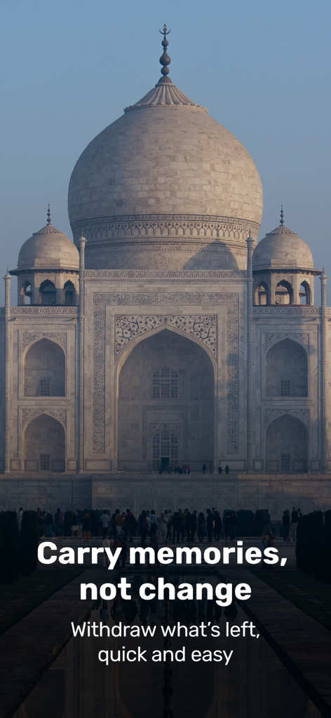 Mony - UPI for Tourists & NRIs - Taj Mahal background with text Carry memories not change for the Mony UPI app