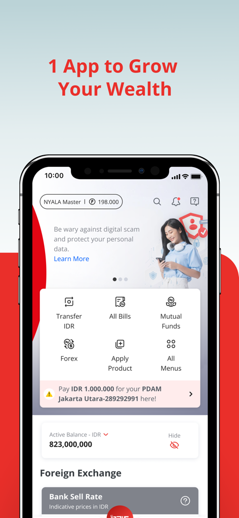 OCBC mobile Indonesia - 富の成長のための投資とバンキング機能を強調するOCBC mobile インドネシアアプリのダッシュボード