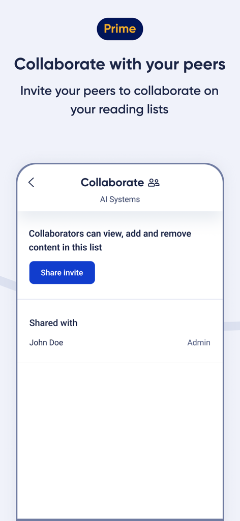 R Discovery: Academic Research - Interface of R Discovery app showing how to invite peers to collaborate on academic reading lists
