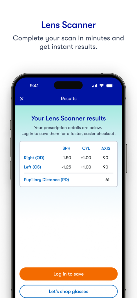 The Framery - The Frameryアプリのレンズスキャナーの結果画面。視力処方箋と瞳孔間距離が表示されています。