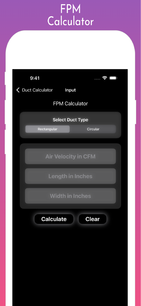 FPM Calculator interface of the Duct Calculator Pro mobile app for HVAC airflow calculations