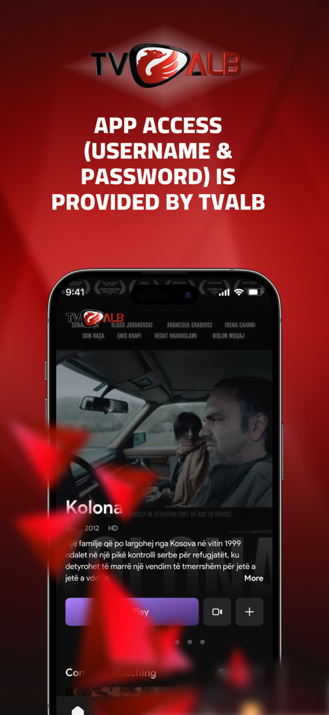 TVALB mobile app interface on an iPhone showing an Albanian movie title and description with a play button.