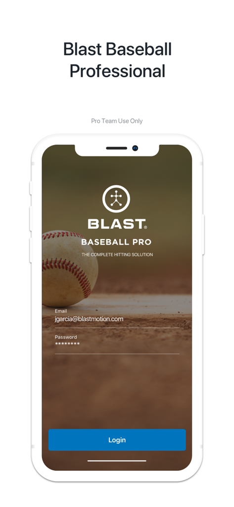 Blast Baseball Pro Team - Blast Baseball Pro Team login screen showing the complete hitting solution interface