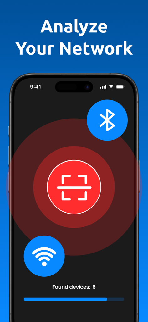 Smartphone screen showing network analysis for hidden devices with Bluetooth and Wi-Fi scanning