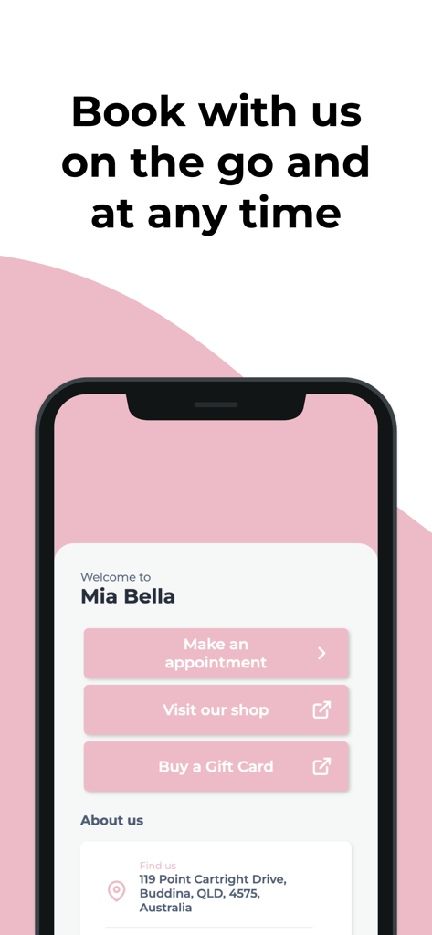 Mia Bella Beauty - Mia Bella Beauty app home screen with appointment booking and gift card options