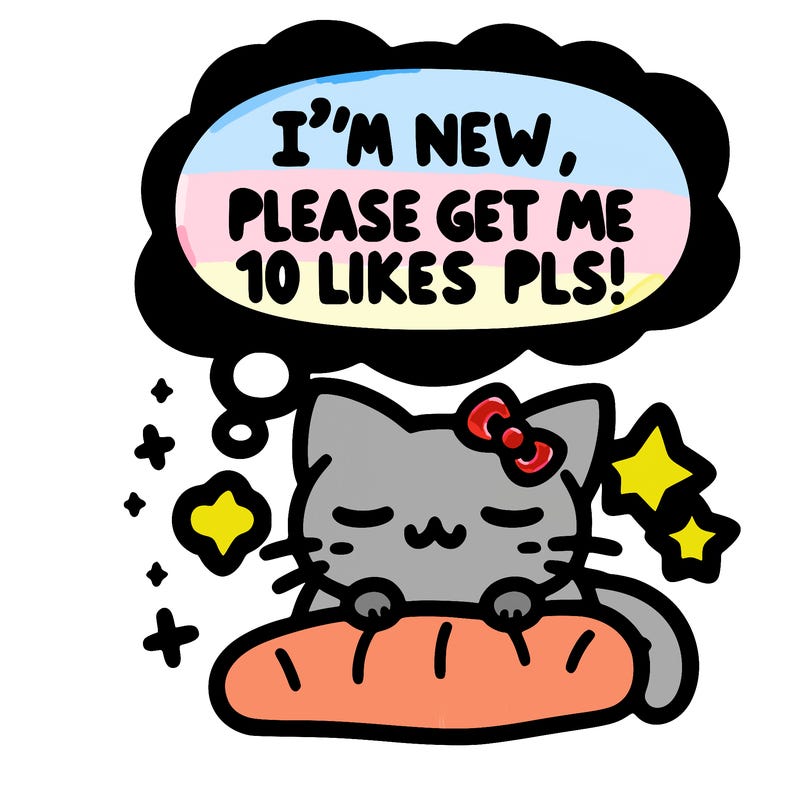 kitty taking a nap dream talking and saying "i'm new, please get me at least 10 likes pls!!"