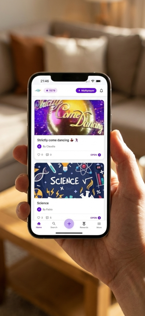 Uma mão segurando um smartphone mostrando o feed inicial do myQuiz com categorias de quiz como ciência e dança