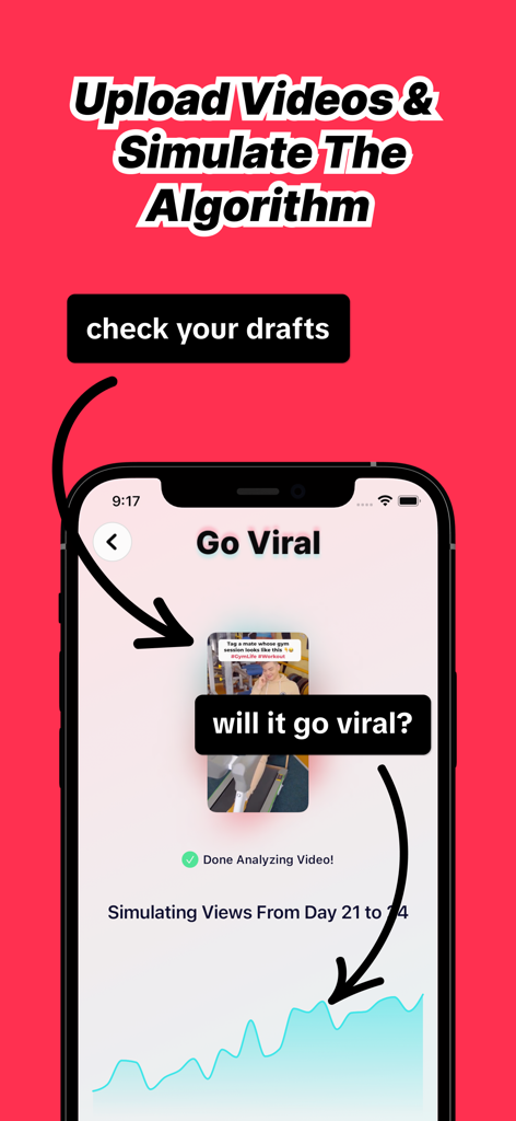 Go Viral: AI Creator Assistant - Écran de smartphone montrant l'application Go Viral prédisant les performances vidéo avec un graphique de simulation d'algorithme