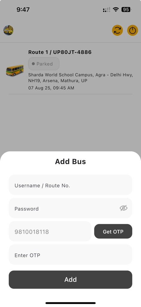 Where is My School Bus - Add Bus screen with login and OTP fields in the Where is My School Bus app