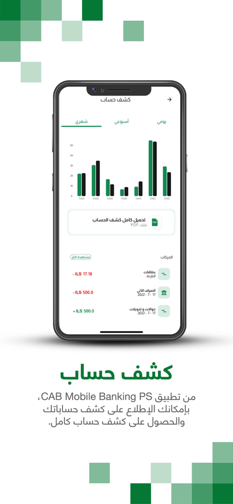 CAB Mobile Banking PS - Mobile screen showing account statement dashboard with financial charts and transaction history in the CAB Mobile Banking PS app