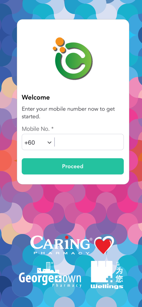 Caring Membership - Caring Membership app welcome and login screen with mobile number field