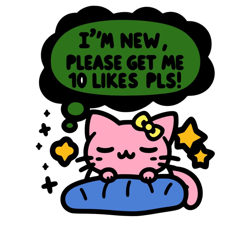 kitty taking a nap dream talking and saying "i'm new, please get me at least 10 likes pls!!"