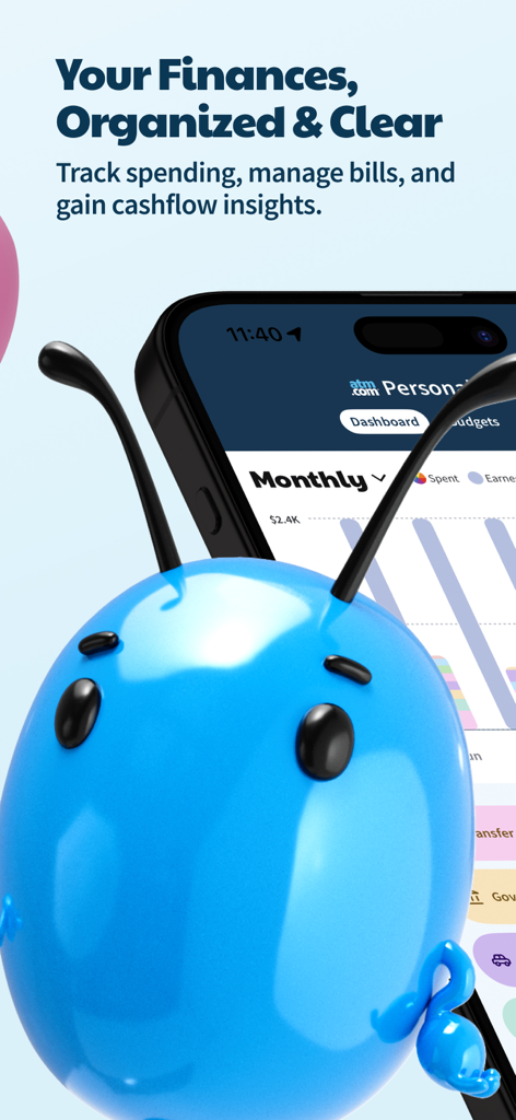 ATMアプリのダッシュボード。月間支出チャートと財務インサイトが、青いマスコットキャラクターと共に表示されています