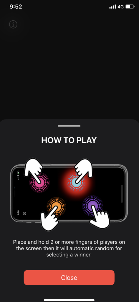 Instructional screen for Finger Picker app showing multiple fingers on a phone screen to pick a winner