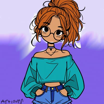 girl with a messy ponytail glasses a baggy crop top and jean shorts